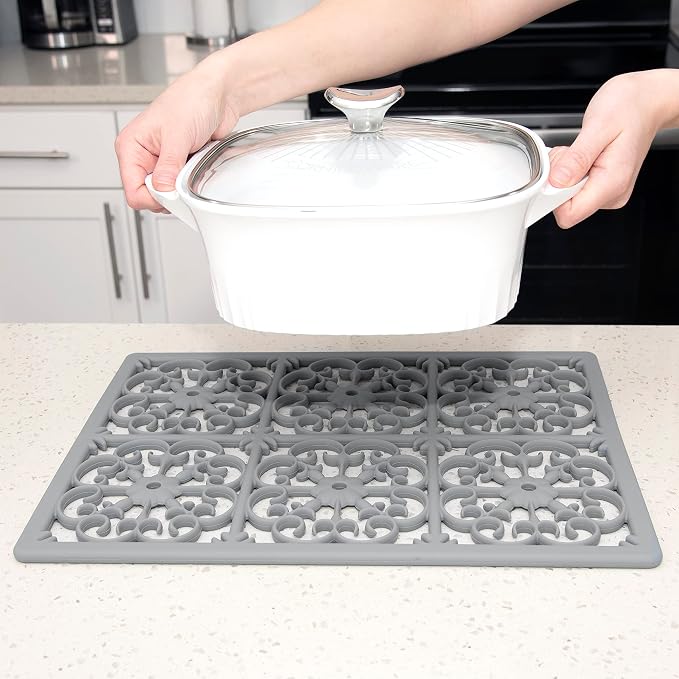 GASARÉ, Extra Large, Thick, Silicone Trivet for Hot Dishes, Pots, and Pans, Heat Resistant Mat for Countertop, Hot Pad for Kitchen, Easy to Clean, 16 x 12 x 3/8 Inches, Gray