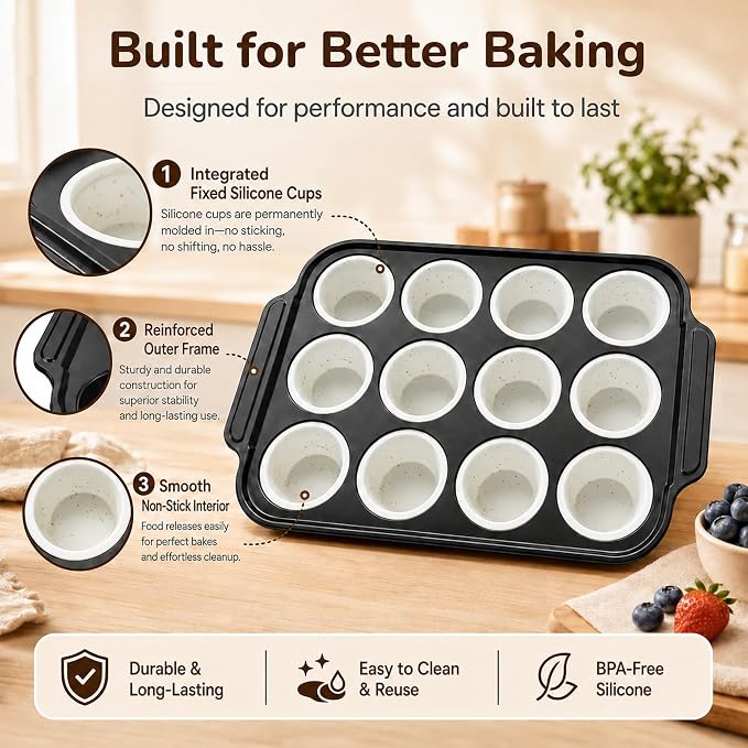 2 Pack Silicone Muffin Pans for Baking, 12-Cup Muffin Tin with Metal Frame | 2 Pack value, 12-Cup muffin pans, Reinforced metal frame, Easy release cups, Nonstick silicone, Oven & dishwasher safe