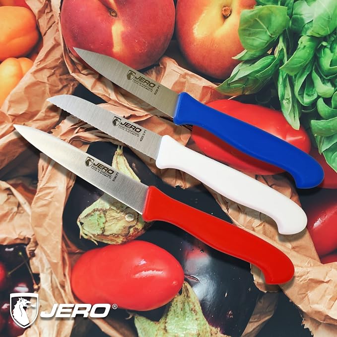 JERO 3-Piece Professional Paring Knife Set In Retail Pack - Spear Point Paring, Clip Point Paring And Serrated Paring Knife - Made In Portugal