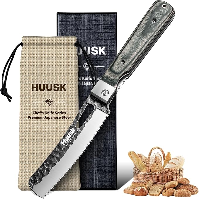 Huusk Japanese Folding Bread Knife - Pocket Knife with Wide Wavy Edge for Homemade Bread, Steak and Tomato - Hand Forged Kitchen Knives for BBQ, Camping and Travel - Gift for Men and Women