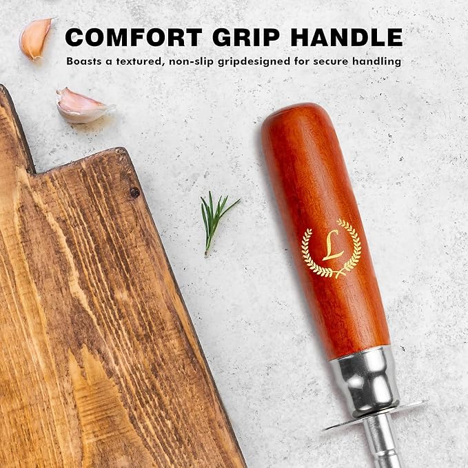 Knife Sharpener Rod, 13 Inch Carbon Steel Honing Steel for Kitchen Knives, Professional Magnetized Sharpening Stick with Nickel-Chrome Plating, Easy Grip Tool for Chef Knives (Laurel L, Wooden Handle)