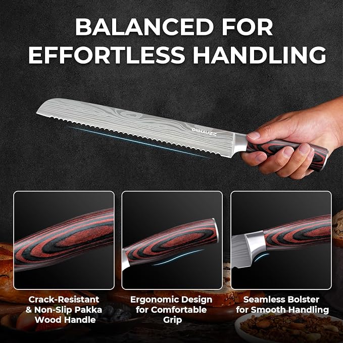 DiiHAUZZ 10 Inch Bread Knife, Serrated Knife for Homemade Bread, Razor Sharp High Carbon Stainless Steel Sourdough Cutter, Professional Bakery Kitchen Knives with Ergonomic Handle for Bagel, Cake