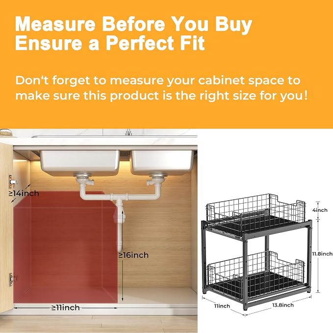 Under Sink Organizer, 2-Tier Pull Out Cabinet Organizer, Kitchen Bathroom Organizer and Storage, Spice Rack for Kitchen, Multi-use Sliding Drawers Shelves (1, Black)