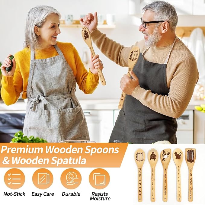 Friends TV Show Merchandise - 5 Pcs Wooden Spoon Spatula for Cooking Utensils Set,Friendsgiving Party Decorations,Friendsgiving Gift Ideas,Friends TV Show Christmas Gifts for Friends ﻿