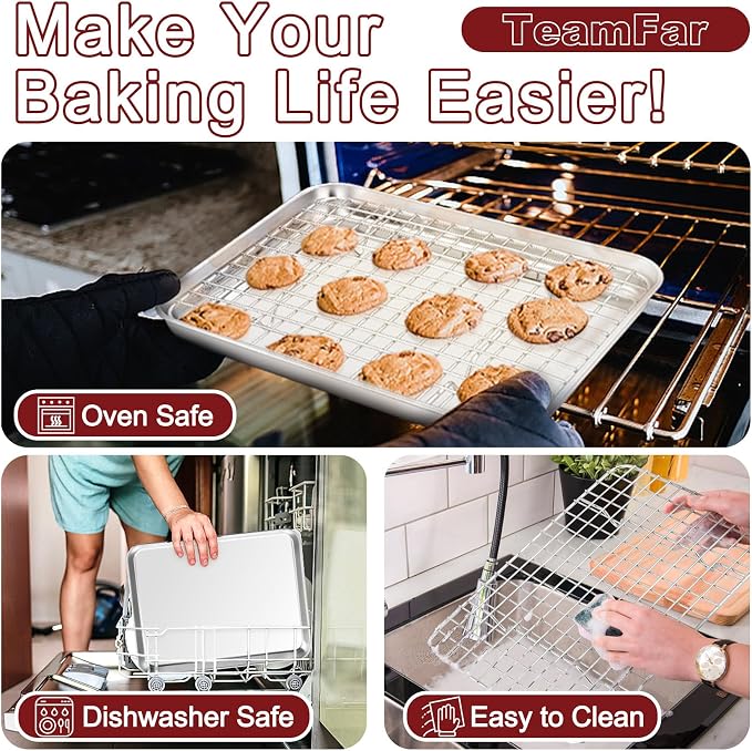 TeamFar Baking Sheet with Rack, Stainless Steel Sheet Pan-17.6/16/12.5 Inch | Cookie Sheets Baking Trays and Cooling Racks for Cooking, Non-Toxic & Heavy Duty, Dishwasher Safe, 6 PCS (3 Pans + 3 Racks)