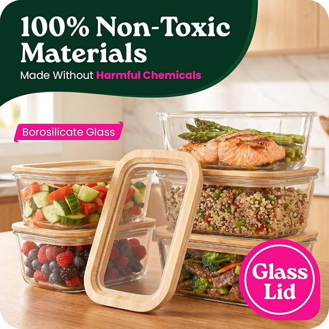 6-Pack Glass Food Storage Containers with Glass Lids & Bamboo Rim – Plastic Free 27 Oz Glass Meal Prep Containers for Lunch, Eco Friendly Airtight Food Storage, Microwave & Oven Safe