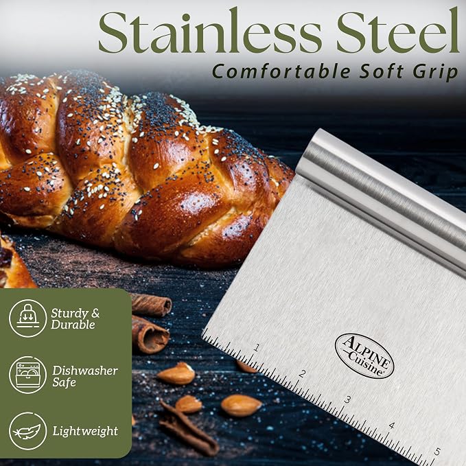 Alpine Cuisine Stainless Steel Dough Scraper with Comfortable Handle - Heavy Duty Dough Cutter Spatula with Measuring Markings - Multipurpose Food Scraper for Pastry, Pizza, Cake, & Bread