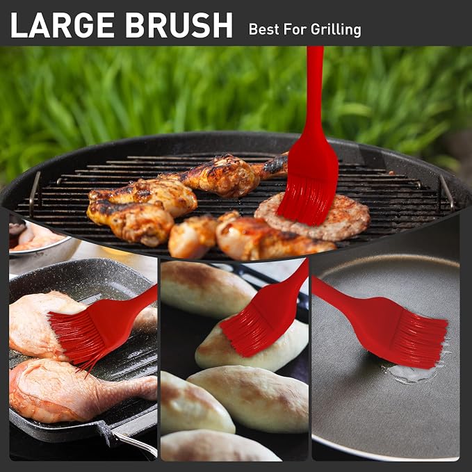 Begonia Silicone Basting Pastry Brush,2pcs 10+8 inch BBQ Sauce Brush,Red | Heat-Resistant, For Cooking, Baking, Grilling, Spreading Oil or Butter, Dishwasher-Safe