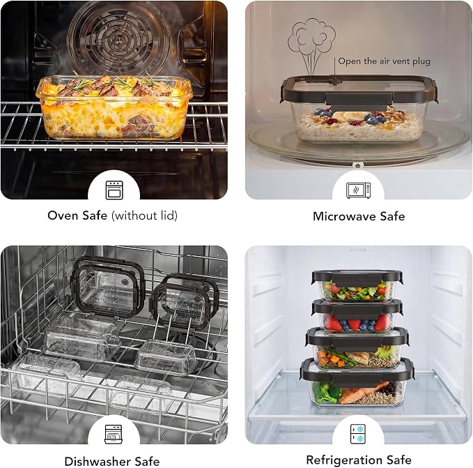 Glass Meal Prep Containers with Glass Lids, 4 Pack Airtight Glass Food Storage Containers, Borosilicate Glass Lunch Containers for Healthy Meal Prep, Microwave Oven Dishwasher Safe, BPA Free