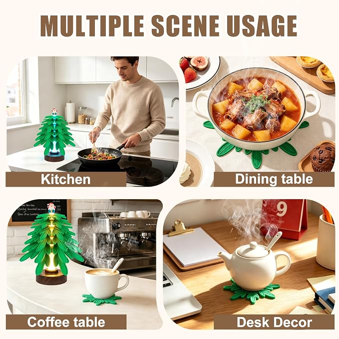 Silicone Tree Trivets for Hot Dishes Hot Pots and Pans, Heat Resistant Coaster Set with 3 Lighting Modes Decor (6 Trivets + 1 Stand)