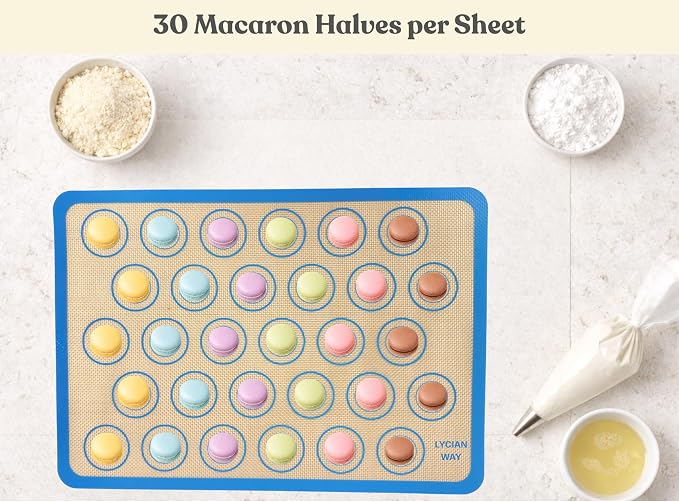 Macaron Silicone Baking Mats Set of 2, Half Sheet Nonstick Reusable Extra Thick Baking Sheet Liners for Macarons, Cookies and Pastry, Blue