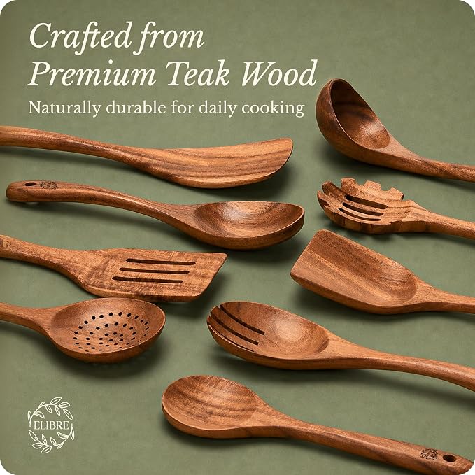 Elibre Premium 9 Piece Teak Wooden Kitchen Utensil Set | Includes Wooden Spoon, Spatula, Slotted Spoon, Ladle, Serving Tools | Heat Resistant | Non-Toxic & Safe for Cooking | Non-Stick, Gentle on Pans