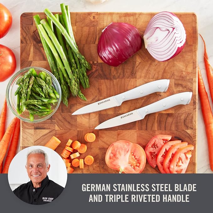 Zakarian by Dash 2 Piece Chef Grade German Steel Paring Knife Set with Smooth and Serrated Blades for Chopping, Dicing, Mincing, Slicing and More – White