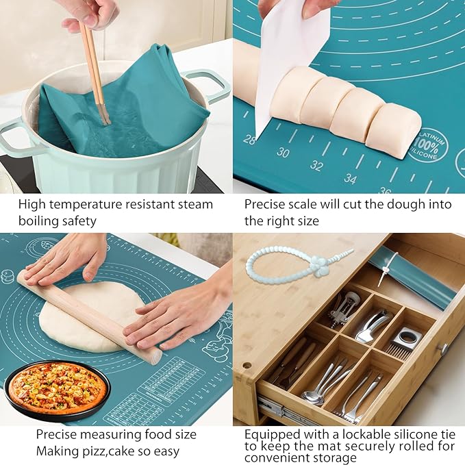 Silicone Pastry Mat 28" x 20" Extra Thick Non Stick Baking Mat with Measurements and Edge Heightening, Food Grade Silicone Rolling Mat for Pastry, Bread, Cookies, Pizza, Fondant, Pasta