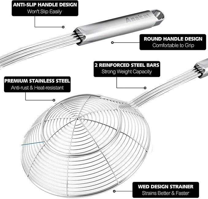 Anaeat Stainless Steel Spider Strainer Skimmer - Solid Kitchen Strainer Ladle with Long Handle for Cooking and Frying, Reinforced Double Coil Slotted Spoons for Pasta, Noodle, Spaghetti (7 Inch)