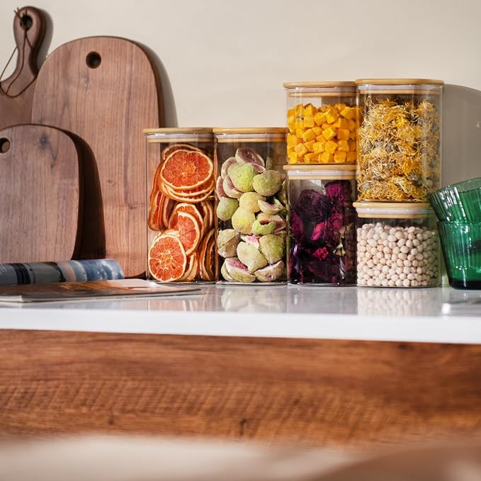 D2scrma Airtight Glass Square Storage Containers with Bamboo Lid Set of 6 (650ml*2/1100ml*2/1500ml*2) Stackable Jars, Kitchen Canister for Pantry Cereal, Nuts, Snacks and Coffee beans