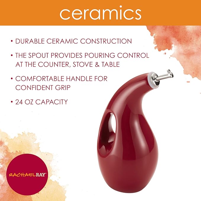 Rachael Ray Solid Glaze Ceramics EVOO Olive Oil Bottle Dispenser with Spout - 24 Ounce, Red,(Pack of 4)