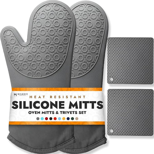 BPA-Free Soft Silicone 4 Piece Oven Mitts & Trivets Set - Ultra Heat Resistant Oven Mitts with Thick Cotton Liner - Long Slip Resistant Pot Holders, Flexible Oven Gloves - Gray