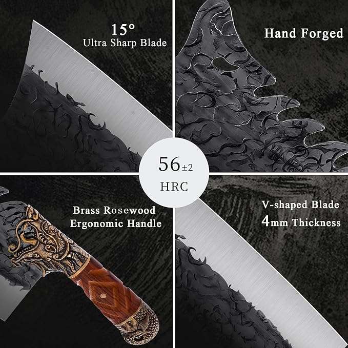 ROCOCO Cleaver Knife Meat Cutting Heavy Duty Bone Butcher Chopper Large Hand Forged Chinese Dragon Viking Cutter for Kitchen Outdoor with Sheath Birthday Father Mother Christmas Gift Men 8.6"