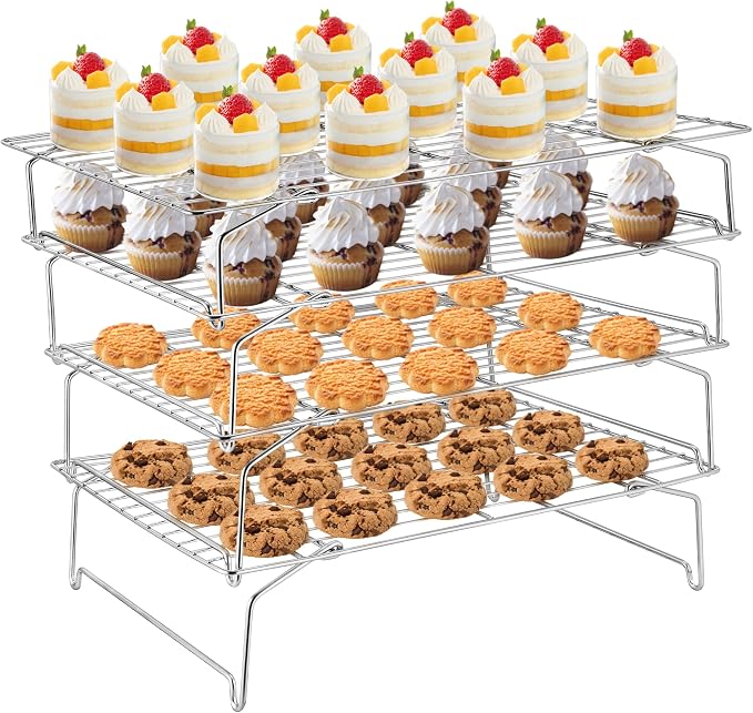 TeamFar Cooling Rack, 4-Tier Stainless Steel Wire Rack for Baking Roasting, Healthy & Heavy Duty, Dishwasher Safe, Stackable & Collapsible, Firmly Weld & Smooth Surface, 15”x10”