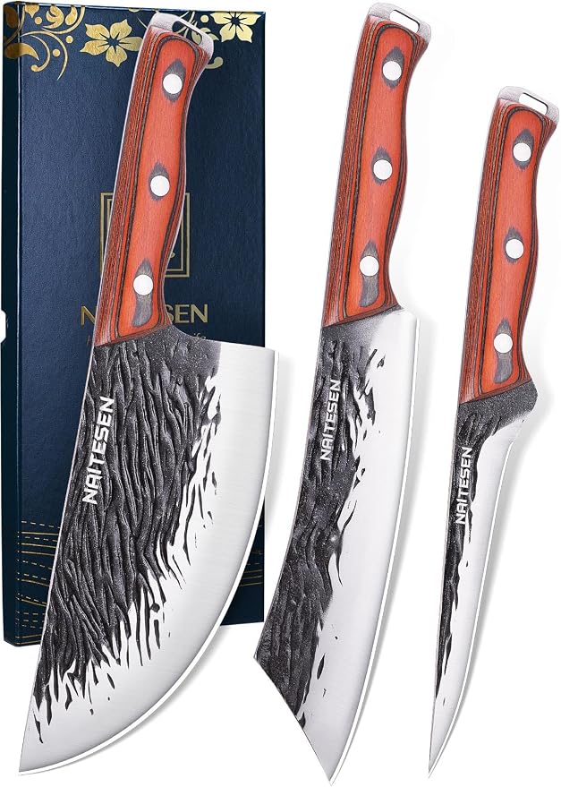 Naitesen 3PCS Hand Forged Butcher Knife Set with Gift Box | Very Sharp Full Tang Wood Handle Serbian Chef Knife, Cleaver and Boning Knife for Meat Cutting Kitchen, Camping & BBQ