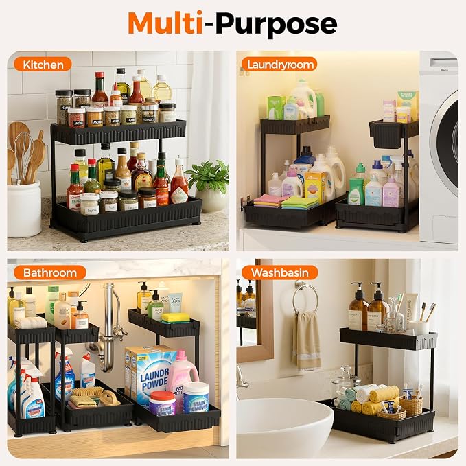 3-Pack 2-Tier L-Shaped Under Sink Organizers with Sliding Drawers | Multi-use kitchen & bathroom storage, 14.85 inch black cabinet organizer, space-saving sliding drawer design.
