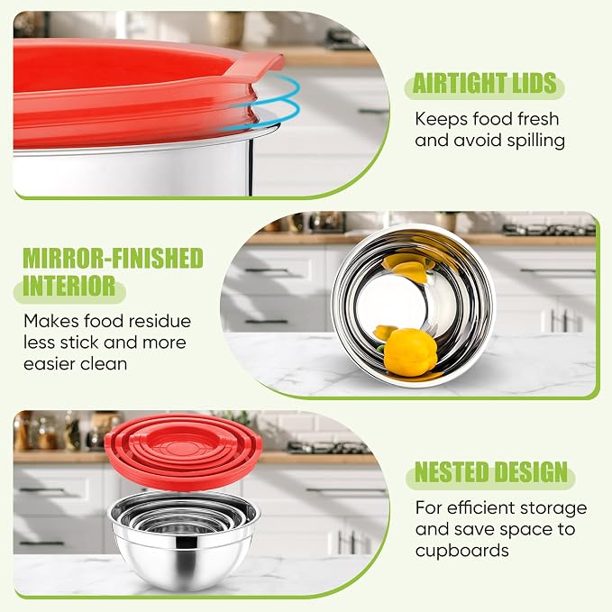 P&P CHEF Mixing Bowls with Airtight Lids Set of 5, 10-Piece Stainless Steel Mixing Nesting Bowl, Metal Bowl with Lid for Kitchen Prepping & Storing, Size 4.6, 3, 1.5, 1, 0.7 QT, Red