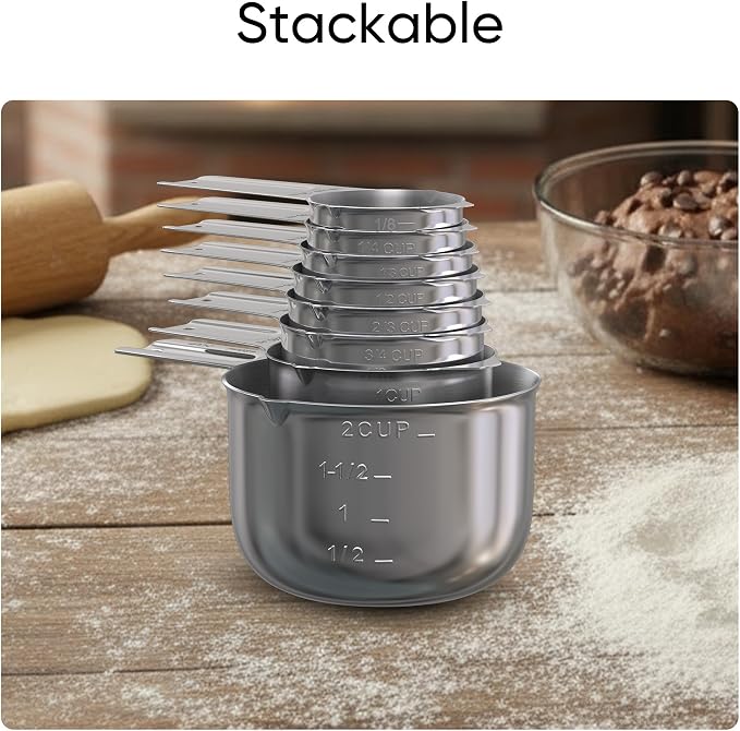 Color Up Measuring Cup Set, 8 Piece, Copper and Chrome Finish, Stainless Steel, Accurate for Wet & Dry Ingredients, Embossed Markings, Easy Pour Spouts, Dishwasher Safe, Kitchen Essential (Stainless)