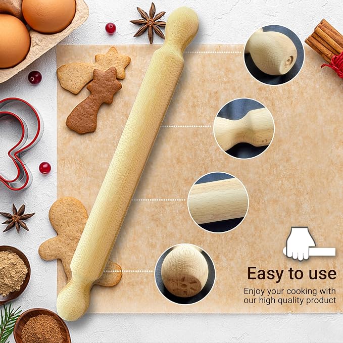 Dexam Beech Wood Rolling Pin 40cm - Smooth, Durable Wooden Roller for Baking Pastry, Dough, and Cookies - Perfect for Professional and Home Kitchens, Beige