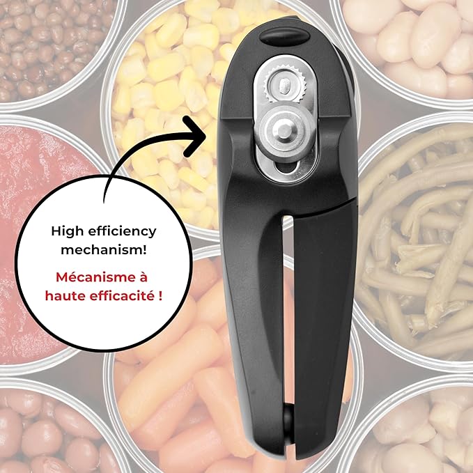 Starfrit MightiCan Can Opener, Safe Smooth-Cut Design, Holds Lid and Leaves No Sharp Edges, Comfort Grip Handle, Heavy-Duty Non-Slip Knob, 3-Year Warranty, Black