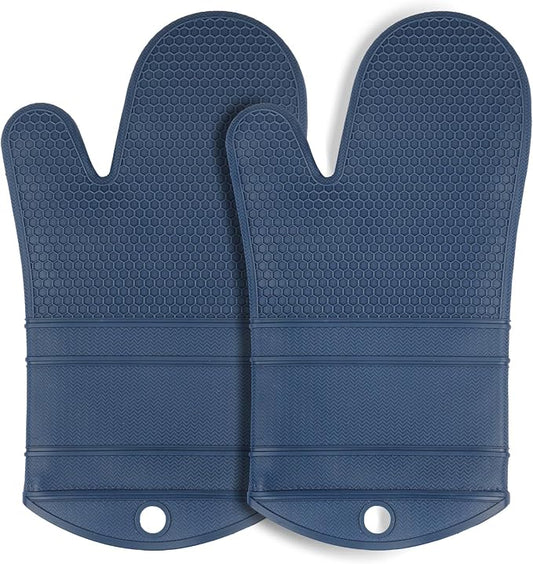 YUTAT Silicone Oven Mitts,Heat Resistant Oven Gloves with Soft Polyester Filling,Perfect for BBQ, Baking and Cooking,Blue,2 Pcs Set