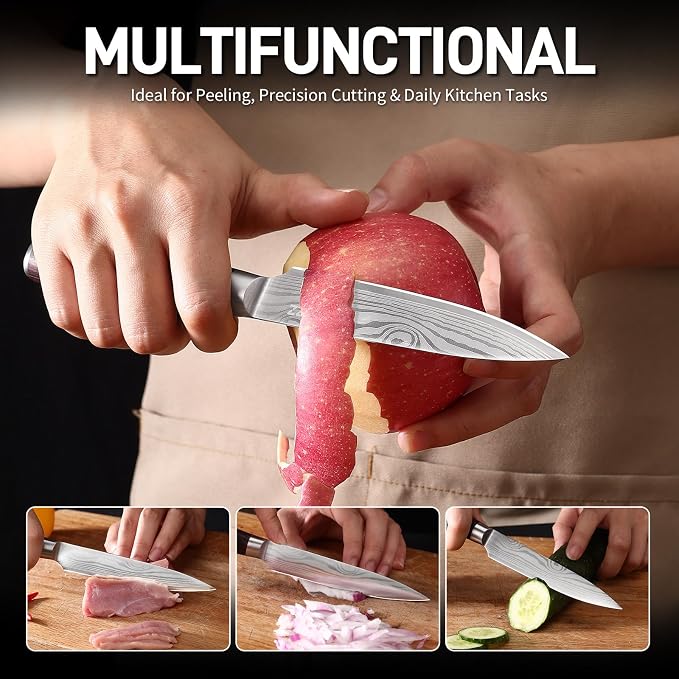 DiiHAUZZ Kitchen Utility Knife, 5 Inch Paring Knife, Ultra Sharp High Carbon Stainless Steel Chef Knife with Ergonomic Pakkawood Handle for Meat Cutting, Fruit Peeling and Vegetable Slicing