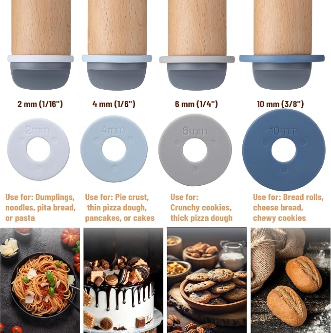 BAMBOO LAND- Adjustable Rolling Pin with Thickness Rings, 13.8", 4 Rings | 2-10 mm / 1/16"-3/8", Wood Rolling Pins for Baking Bread, Pizza, Doughs