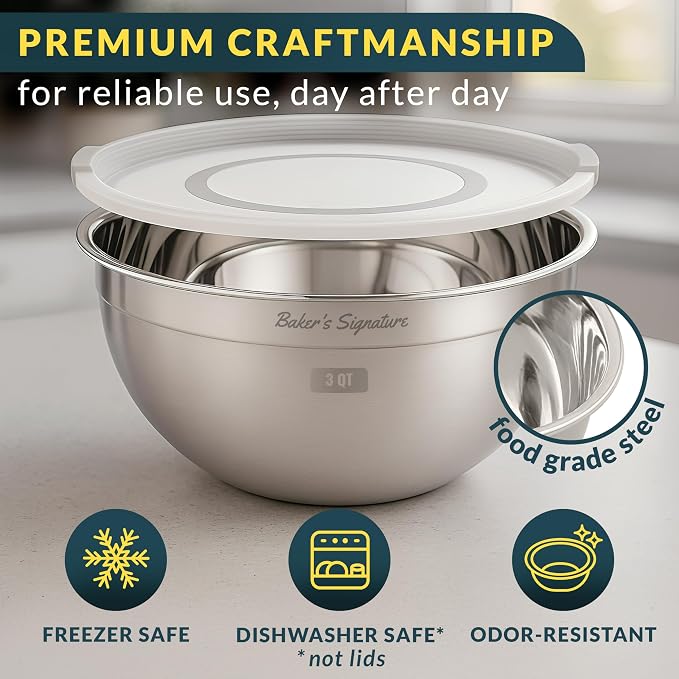 Stainless Steel Mixing Bowls with Lids Set of 5, Nesting Metal, 0.5-5 Qt | Mirror-finish interior, dishwasher safe & BPA-free; stack for food prep, cooking, storage & serving