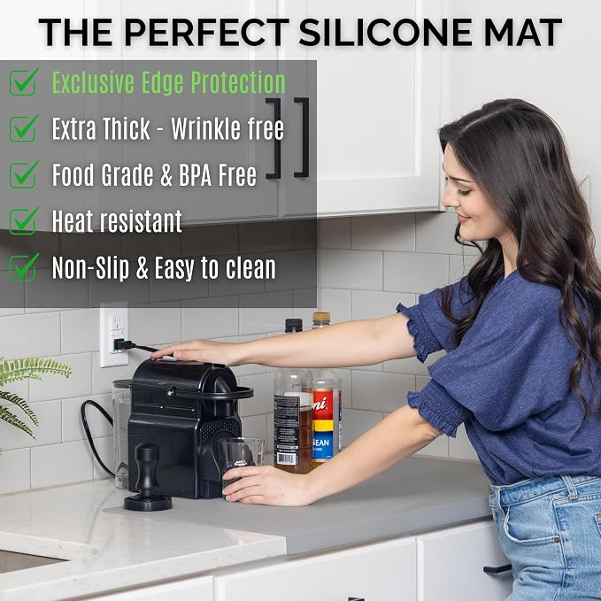 Silicone Mat for Kitchen Counter with "Edge Protection" – Quartz Countertop Protector Mats – Silicone Heat Resistant Mat – No Folds or Wrinkles – 1.5mm Thick, 24"x16", Gray
