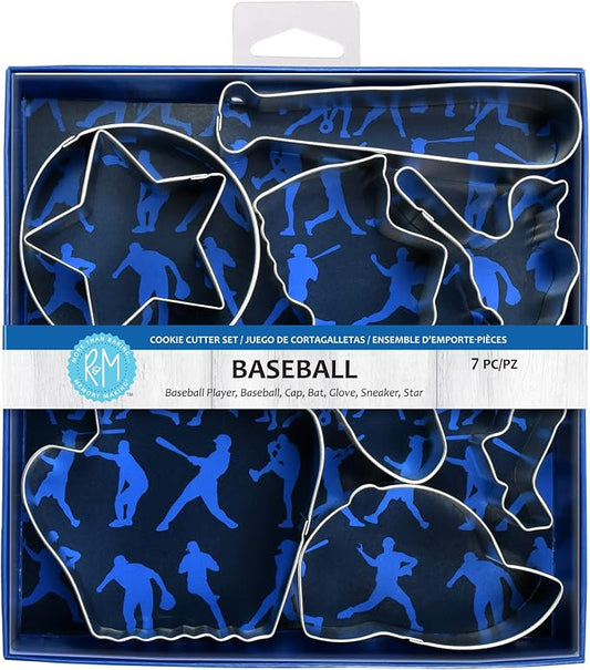 R&M International Baseball Cookie Cutters, Bat, Hat, Ball, Player, Glove, Star, Sneaker, 7-Piece Set,Silver