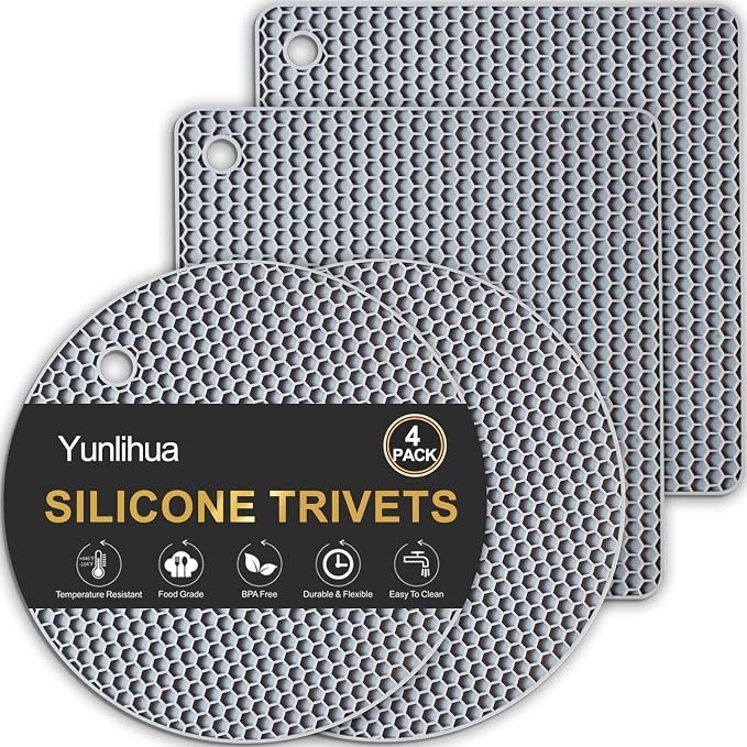 4 PCS Heat Resistant Silicone Trivet Mat for Hot Dishes, Hot Pots and Pans | Multipurpose Non-Slip Hot Pads Pot Holders for Kitchen Countertops Table, Spoon Rest, Food Grade Silicone & BPA Free, Grey