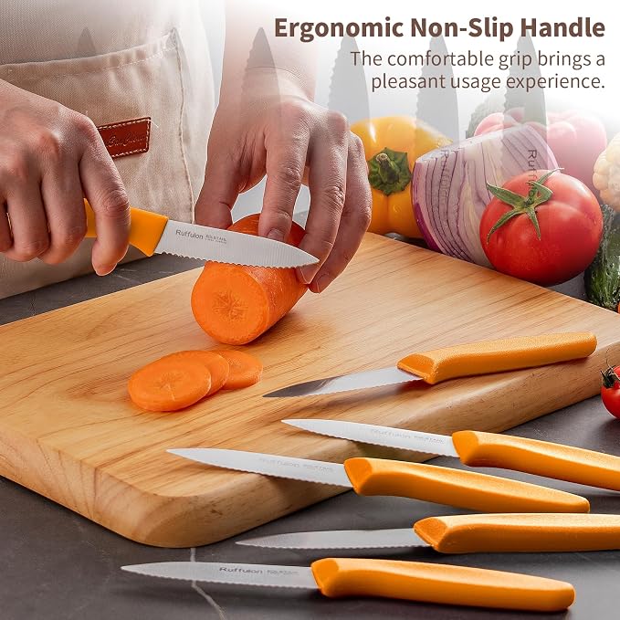 Stainless Steel Paring Knife With Serrated Blade, 6 Pieces Set Vegetable and Fruit Knife, Ultra Sharp Small Kitchen Knife, Orange Paring Knives with PP Plastic Ergonomic Handle.