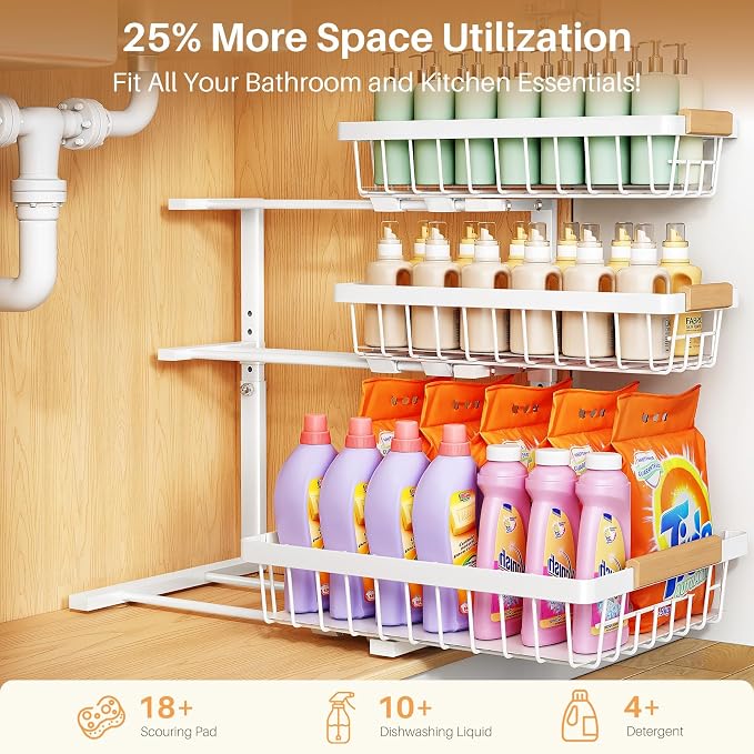 PXRACK Under Sink Organizer, 1-Pack 3-Tier Height Adjustable Thickened Metal Pull out Cabinet Organizer Shelf, Slide out Storage Drawer Rack for Bathroom Kitchen Pantry Home Organization, White
