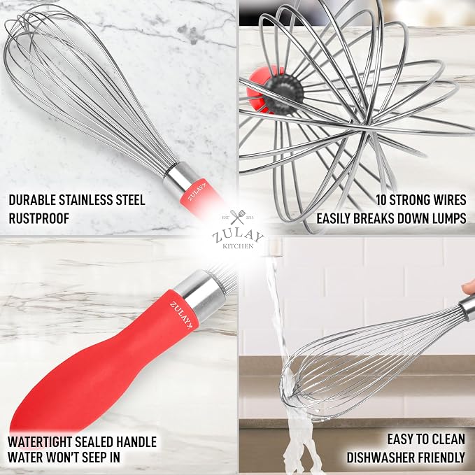 Zulay Kitchen Stainless Steel Balloon Whisk 12 Inch – Heavy Duty and Durable Wire Whisk with Non-Slip Silicone Handle for Blending, Whipping & Beating - Red