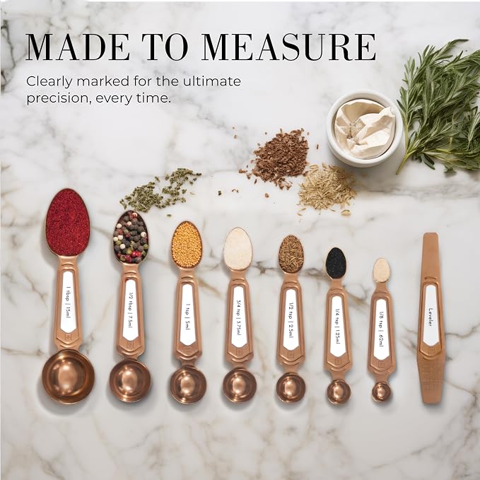 Copper Measuring Spoons Set with Leveler – 8-Piece Double-Sided Nesting Magnetic Measuring Spoons, Stackable & Spice Jar Friendly – Stylish Copper Kitchen Accessories and Decor for Baking and Cooking