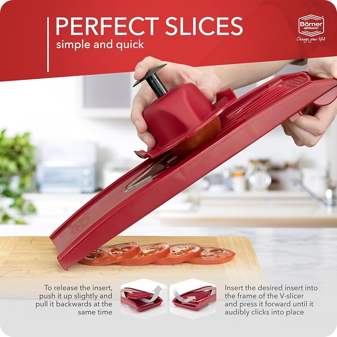 Börner Mandoline Slicer V1 (Professional Set) • V-Slicer with 4 Inserts, Fruit Holder, Docking Station, Box • Adjustable Vegetable Slicer • Cuts into Slices, Strips & Dices • Color: Red