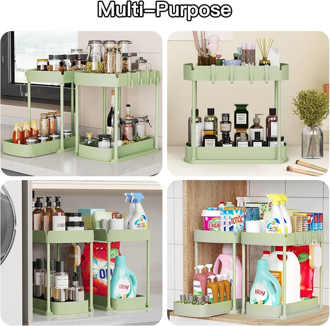 2 Packs Under Sink Pull-Out Storage Organizers, 14.8 Inches, Green | Multi-Purpose Cabinet Organizers and Storage for Bathroom & Kitchen