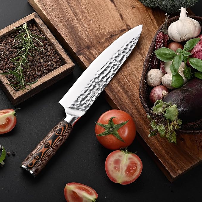 Kitory Chef Knife 8 Inch Professional Japanese Kitchen Knife HC Stainless Steel Hammered Ultra Sharp Blade Ergonomic Bamboo Handle for Home Restaurant Gift