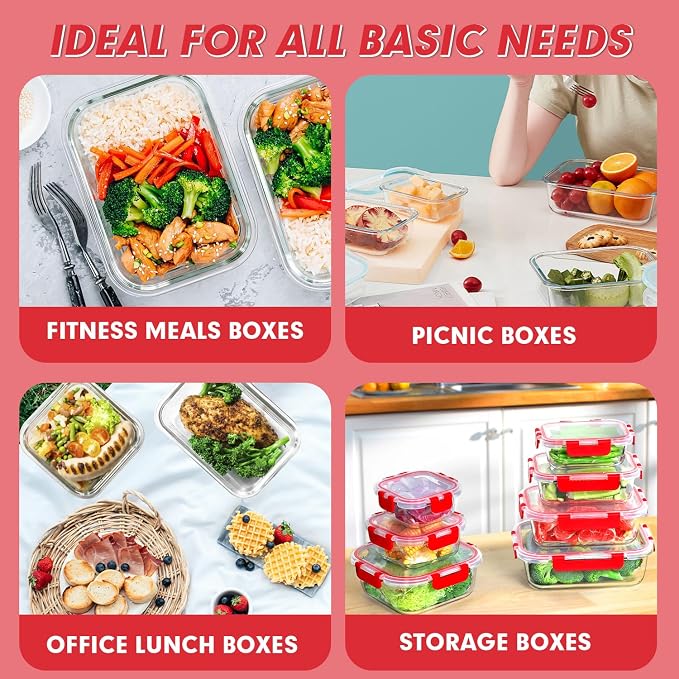 VERONES 30 Pieces Glass Food Storage Containers Set with Lids, Red | Stackable Glass Meal Prep Containers Set with Lids, Airtight Lunch Containers, for Microwave, Oven, Freezer & Dishwasher