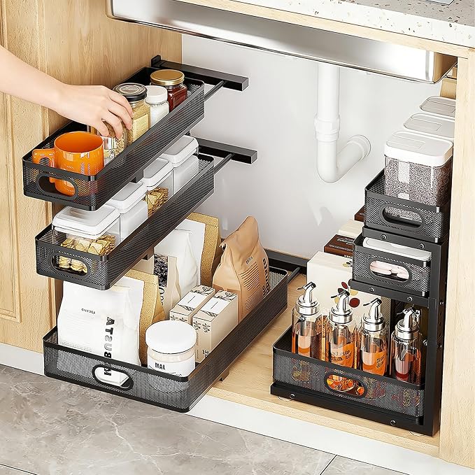 Thickened Meta 3-Tier Pull Out Under Sink Organizer 2 Pack | Height Adjustable Slide out Storage Drawer Rack for Kitchen Bathroom Home Organization| 35% More Storage Capacity
