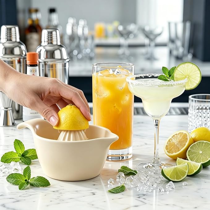 4 inch Ceramic Lemon Squeezer - Manual Citrus Juicer with Handle and Easy Pour Spout for Lemon, Orange, Lime&Grapefruit -Easy to Clean Hand Press Juicer,Microwave & Dishwasher Safe,Lead-Free (Beige)