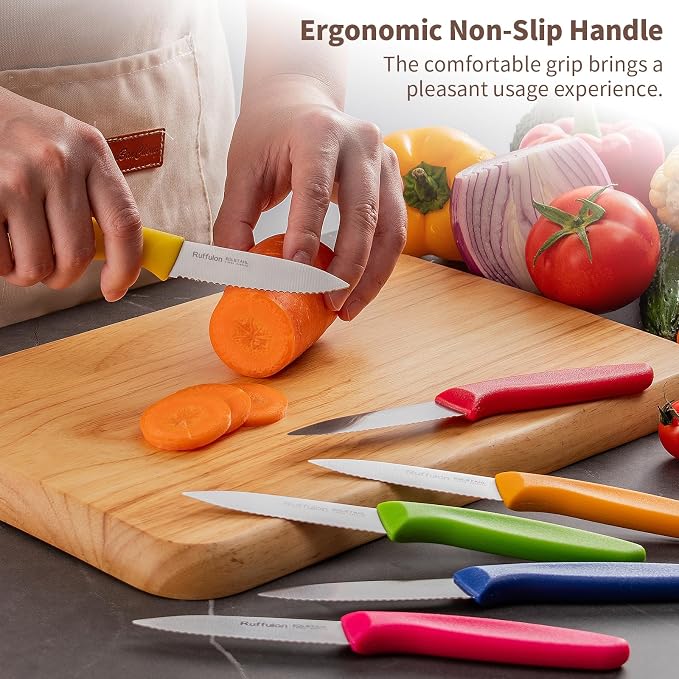 Stainless Steel Paring Knife With Serrated Blade, 6 Pieces Set Vegetable and Fruit Knife, Ultra Sharp Small Kitchen Knife, Colorful Paring Knifves with PP Plastic Ergonomic Handle.