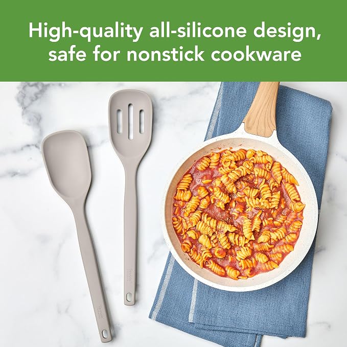 Tovolo Elements Silicone Spoon Set of 2 Mixing and Slotted Spoon Bundle for Non Stick Cooking Mixing Serving, Dishwasher Safe Heat Resistant Slotted Spoon and Mixing Serving Spoon, Warm Gray