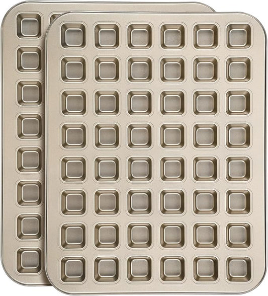 Beasea Square Mini Brownie Bite Pan, 2 Pack 48 Mini Small Tiny Cup All Edges Non Stick Square Cupcake Baking Sheet Tin Tray Carbon Steel Bakeware Individual Muffin Baking Pan - Gold